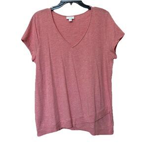 Pure Jill Top Lg Knit VNeck Short Sleeve T-Shirt Pima Cotton Blend Coral Stretch